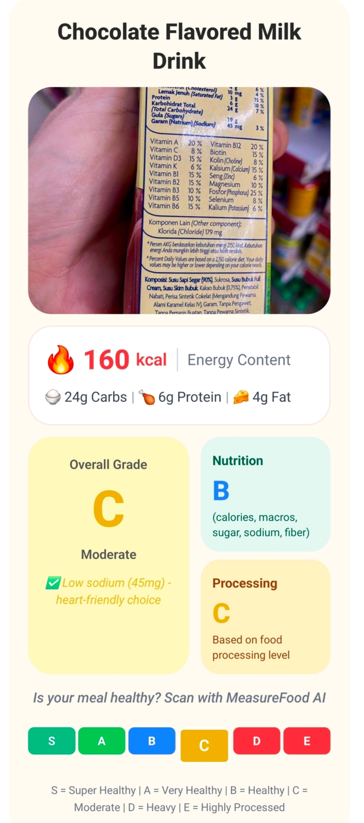 Food label scanner showing chocolate milk nutrition